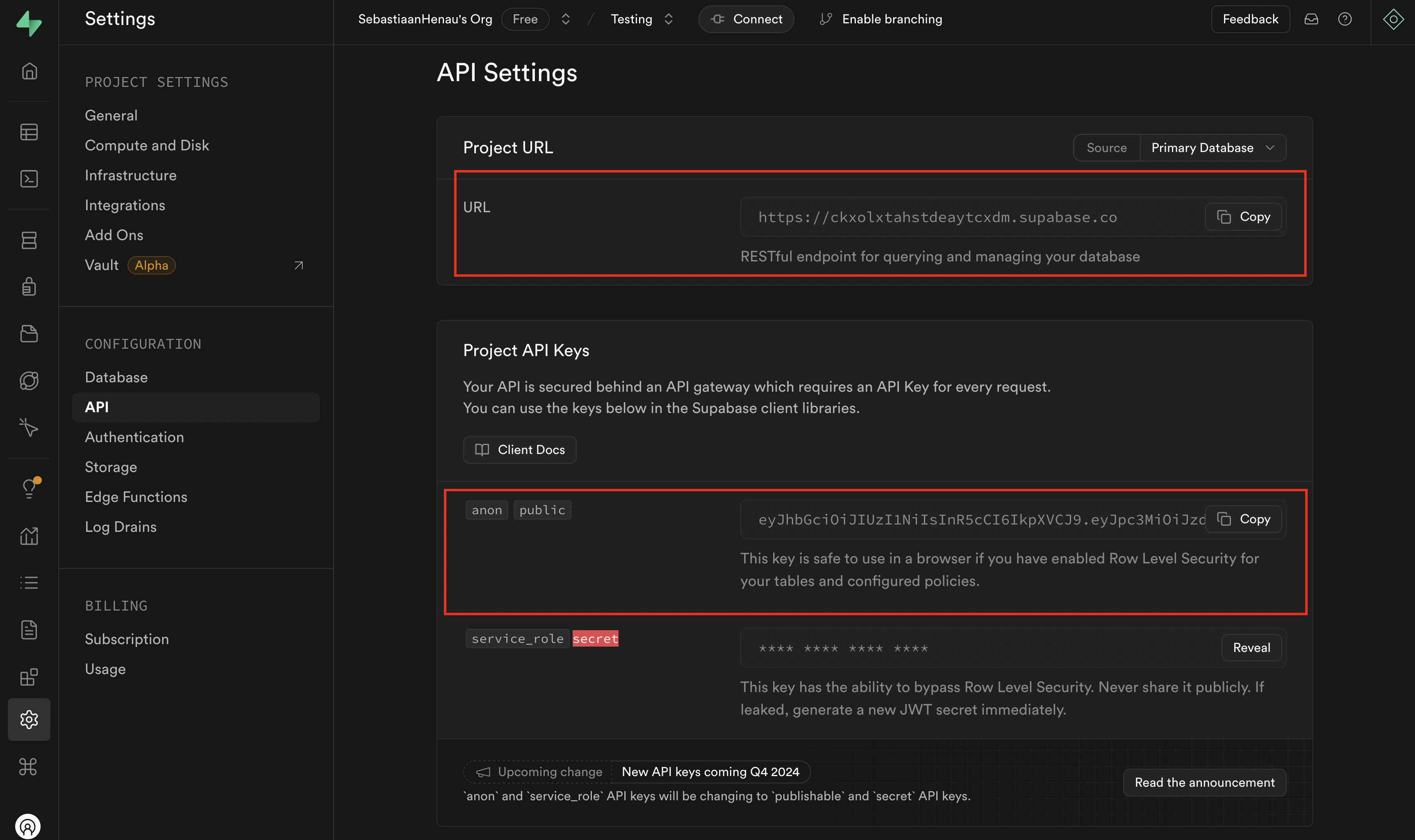 Supabase site-url en anon key