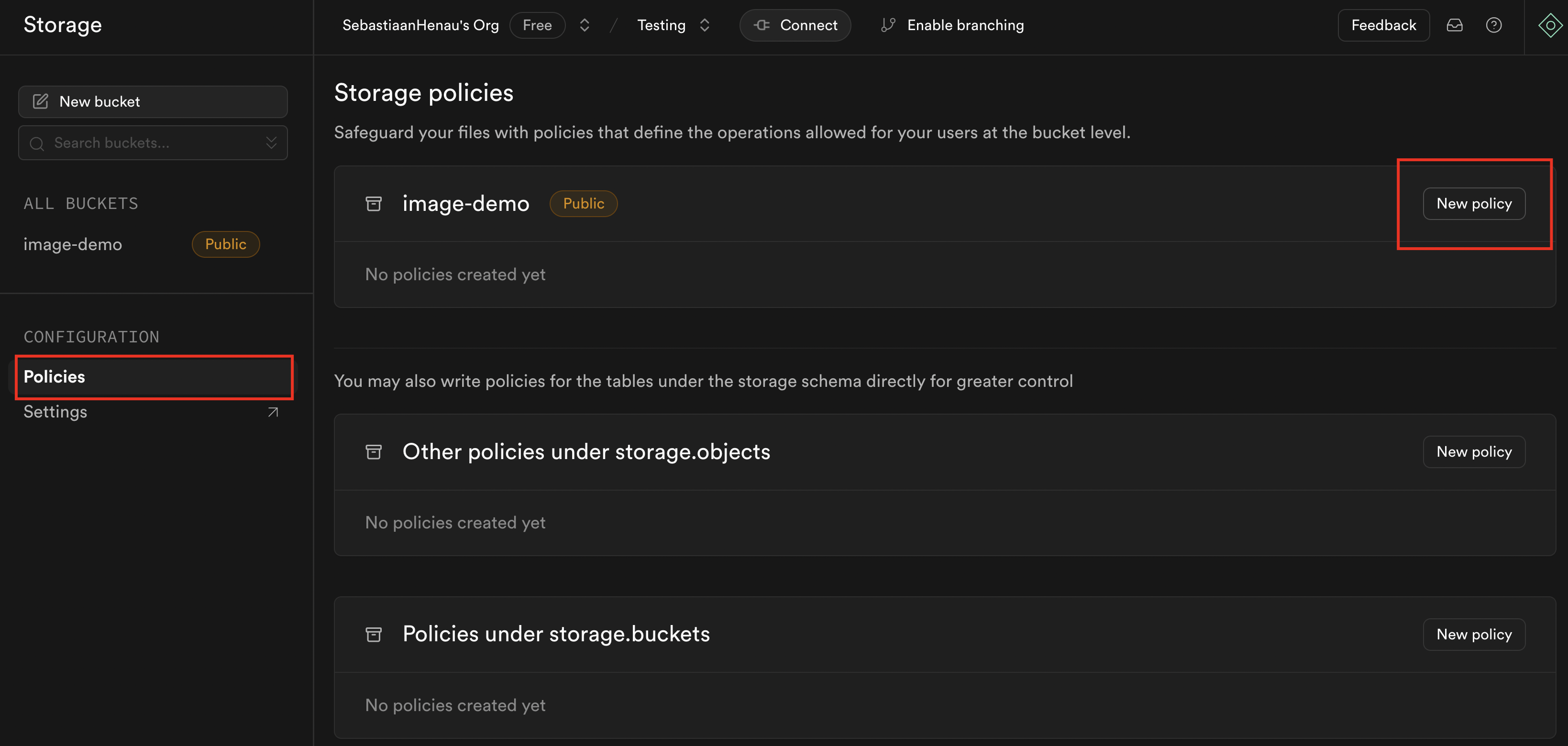 Supabase storage bucket policy editor openen
