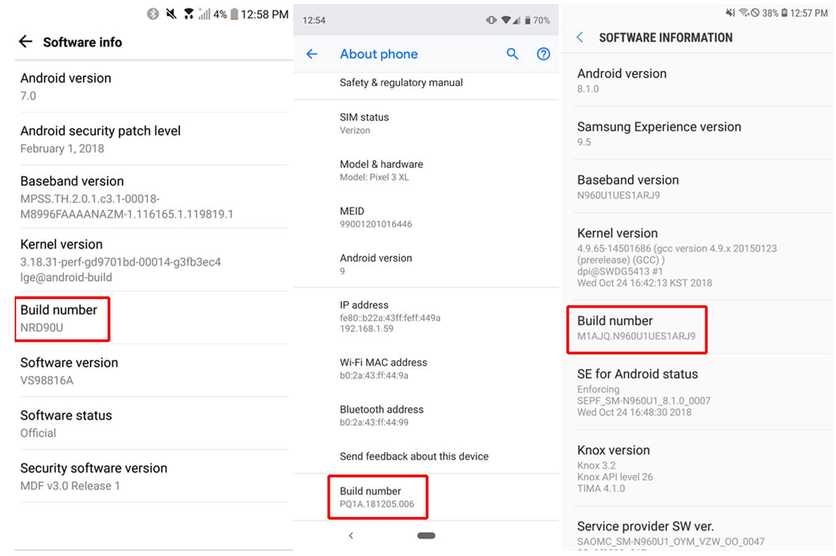 Mogelijke locaties van het build number