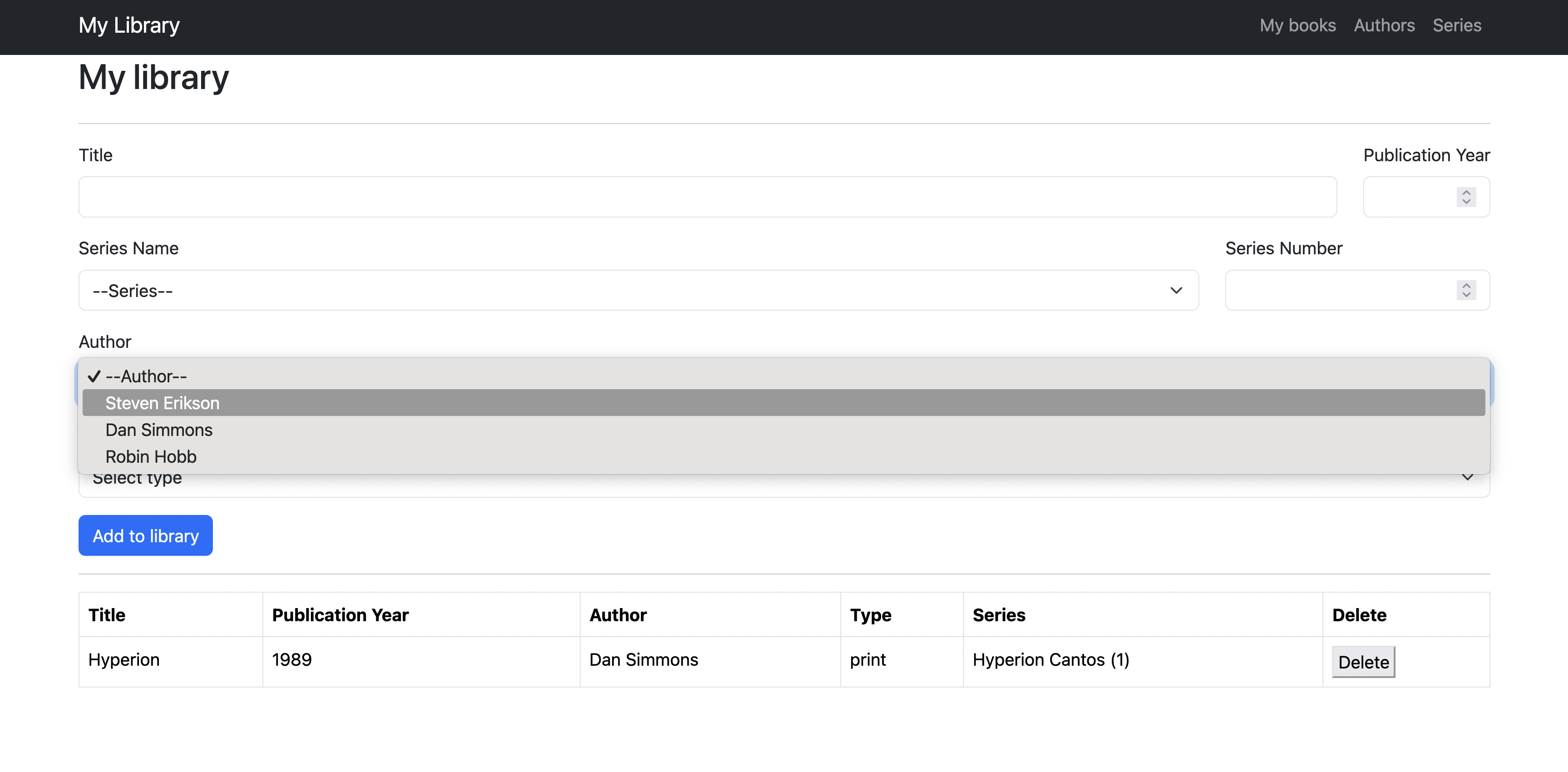 My library pagina met dynamisch opgebouwde lijst van boeken, series en auteurs